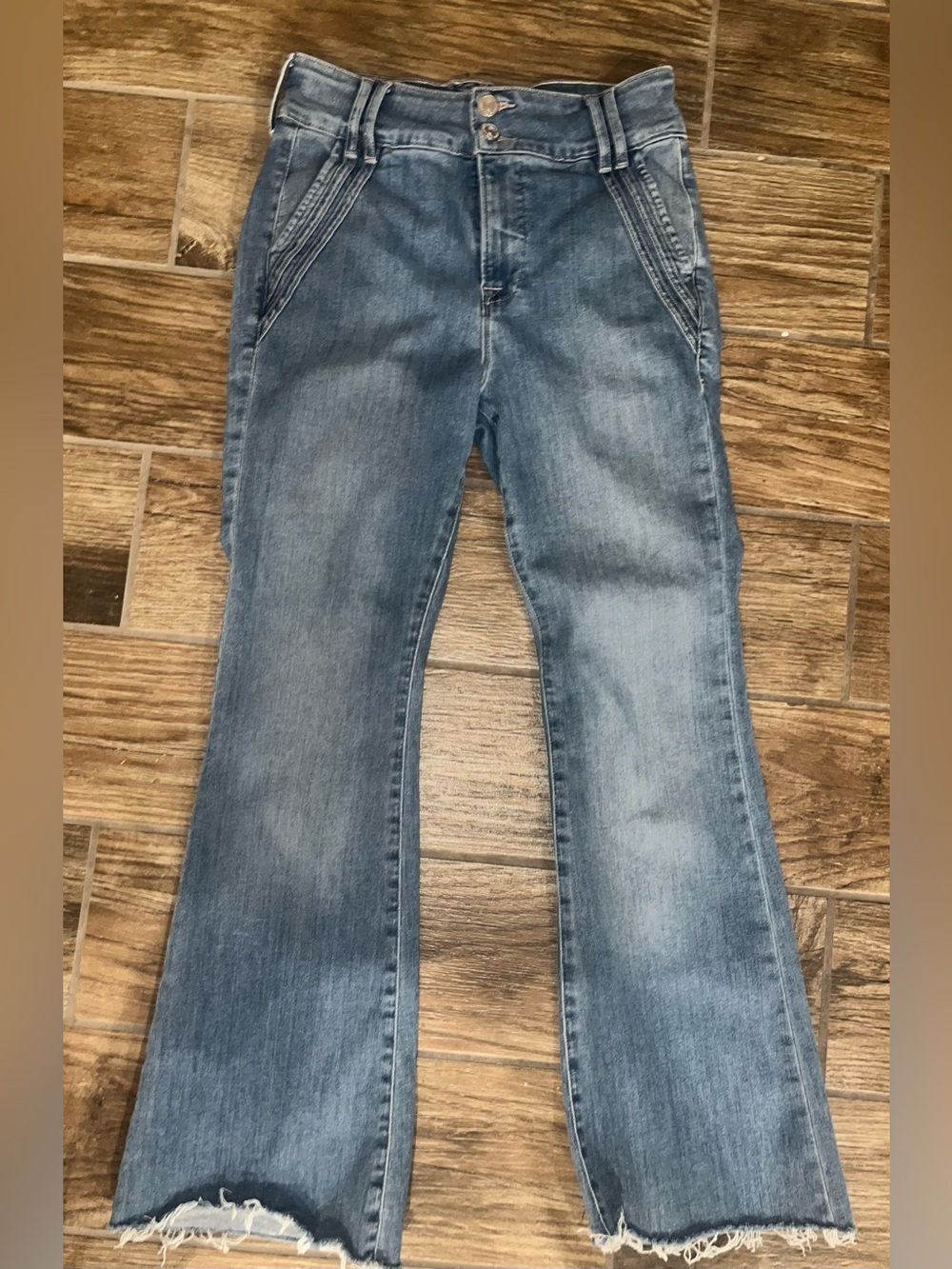 Frame The Double Detail High Rise Flare Denim Jeans raw hem